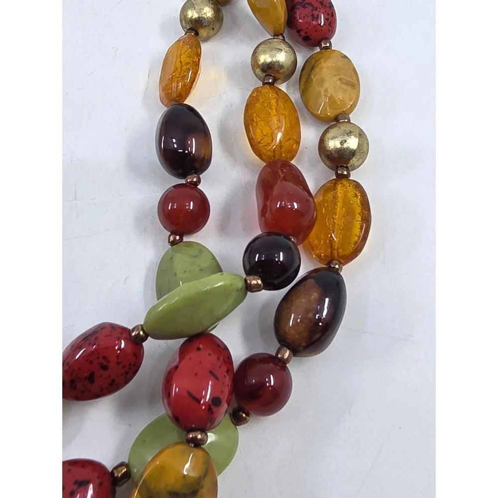 Multilayer Bead Necklace and Earring Set Earth Tones Green Orange Gold Tone